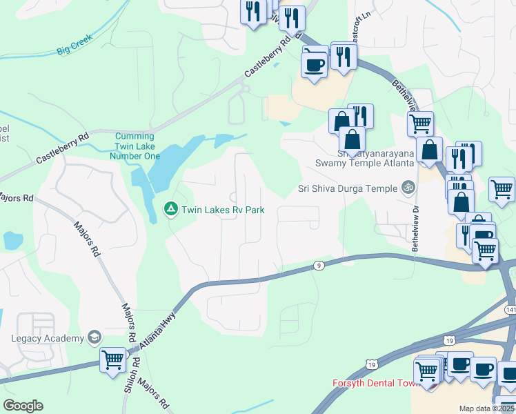 map of restaurants, bars, coffee shops, grocery stores, and more near 3059 Kentmere Drive in Cumming