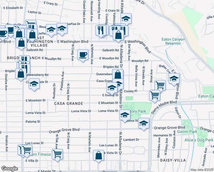 map of restaurants, bars, coffee shops, grocery stores, and more near 2400 Casa Grande Street in Pasadena
