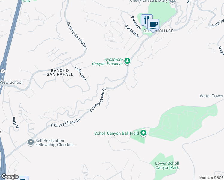 map of restaurants, bars, coffee shops, grocery stores, and more near 2644 East Chevy Chase Drive in Glendale