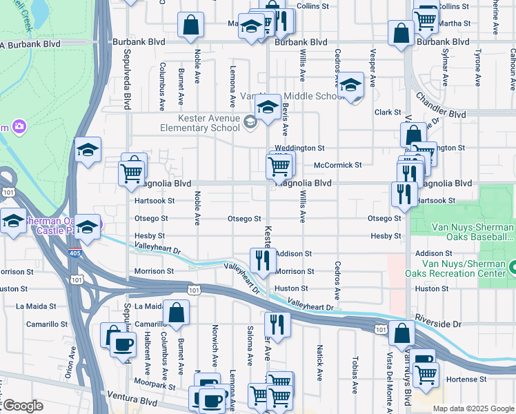 map of restaurants, bars, coffee shops, grocery stores, and more near 5115 Kester Avenue in Los Angeles