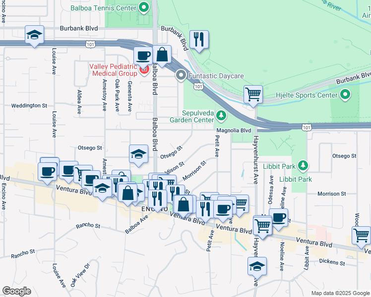 map of restaurants, bars, coffee shops, grocery stores, and more near 16762 Otsego Street in Los Angeles