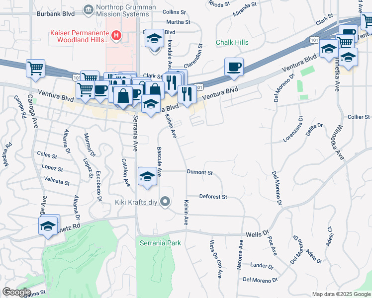 map of restaurants, bars, coffee shops, grocery stores, and more near 20672 De La Guerra Street in Los Angeles