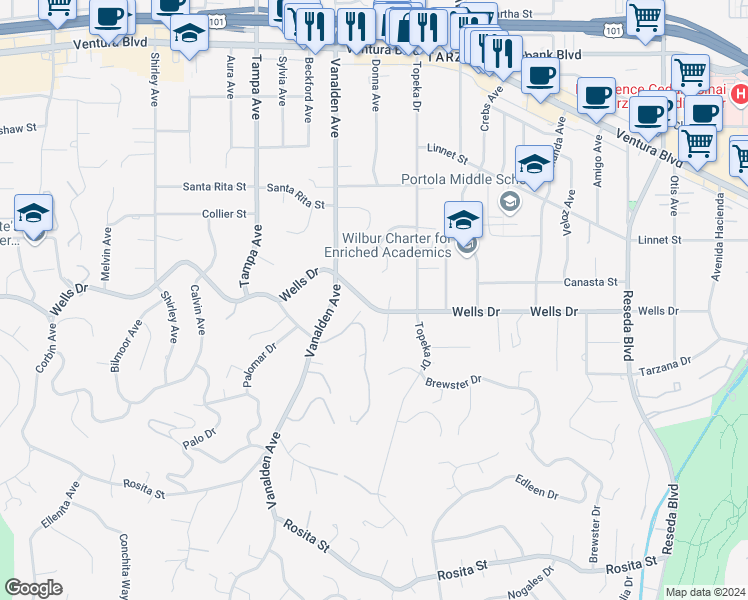 map of restaurants, bars, coffee shops, grocery stores, and more near 19061 Wells Drive in Los Angeles
