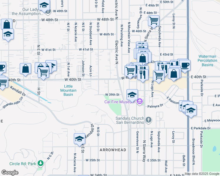 map of restaurants, bars, coffee shops, grocery stores, and more near 3945 Severance Avenue in San Bernardino