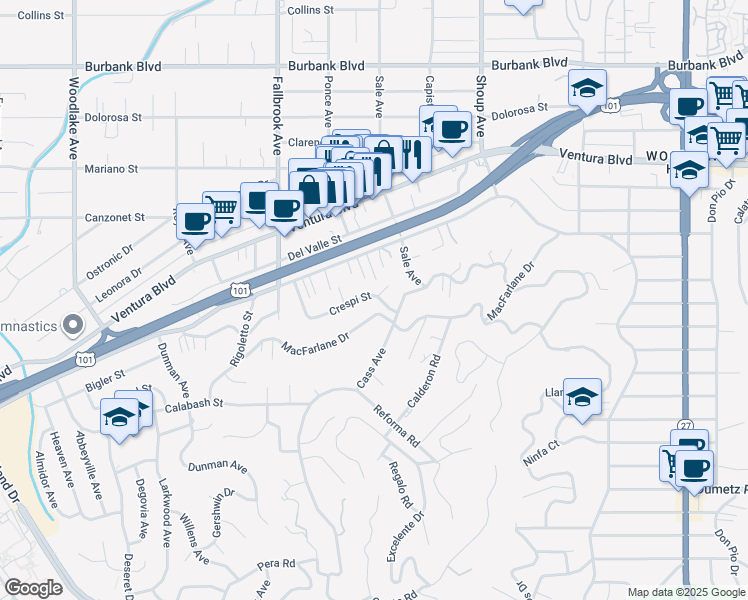 map of restaurants, bars, coffee shops, grocery stores, and more near 22629 Crespi Street in Los Angeles