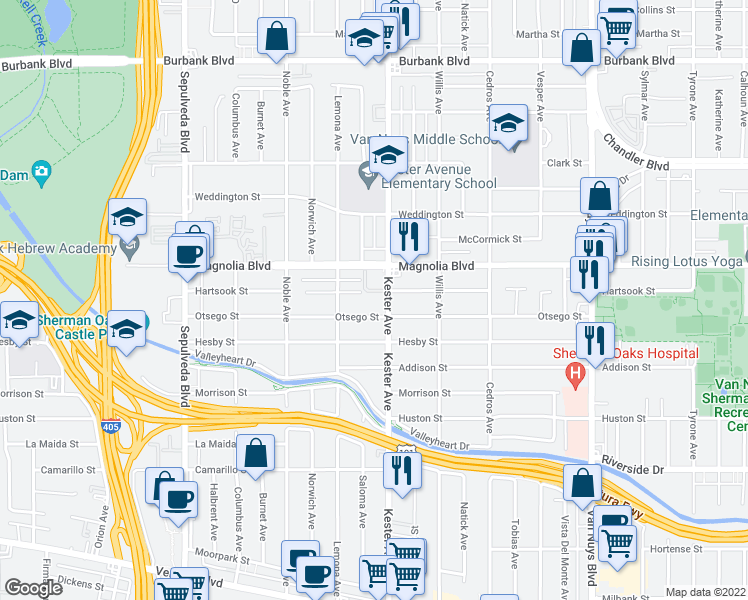 map of restaurants, bars, coffee shops, grocery stores, and more near 5115 Kester Avenue in Los Angeles