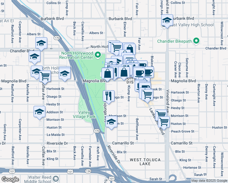 map of restaurants, bars, coffee shops, grocery stores, and more near 5142 Tujunga Avenue in Los Angeles