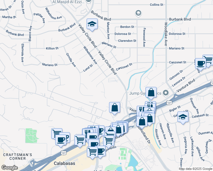 map of restaurants, bars, coffee shops, grocery stores, and more near 5134 Boda Place in Los Angeles