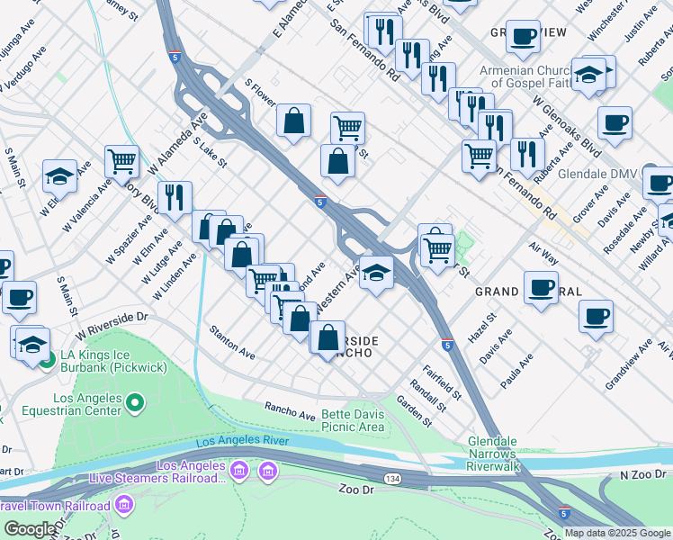 map of restaurants, bars, coffee shops, grocery stores, and more near 1710 Lake Street in Glendale