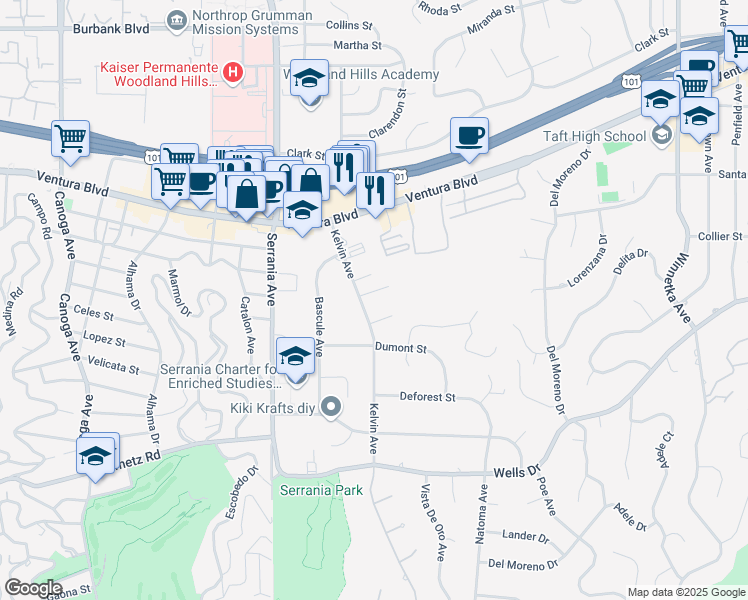 map of restaurants, bars, coffee shops, grocery stores, and more near 20672 De La Guerra Street in Los Angeles
