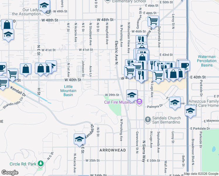 map of restaurants, bars, coffee shops, grocery stores, and more near 3945 Severance Avenue in San Bernardino