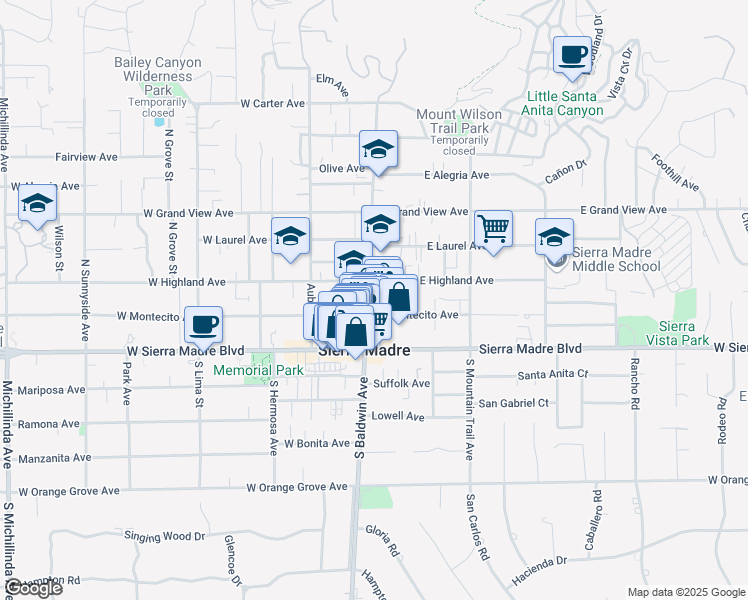 map of restaurants, bars, coffee shops, grocery stores, and more near 93 North Baldwin Avenue in Sierra Madre