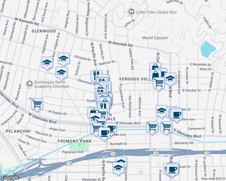 map of restaurants, bars, coffee shops, grocery stores, and more near 423 West Stocker Street in Glendale