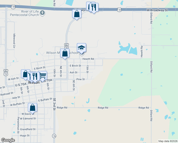 map of restaurants, bars, coffee shops, grocery stores, and more near 146 Ash Street in Wilson