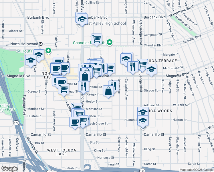 map of restaurants, bars, coffee shops, grocery stores, and more near 10823 Hartsook Street in Los Angeles