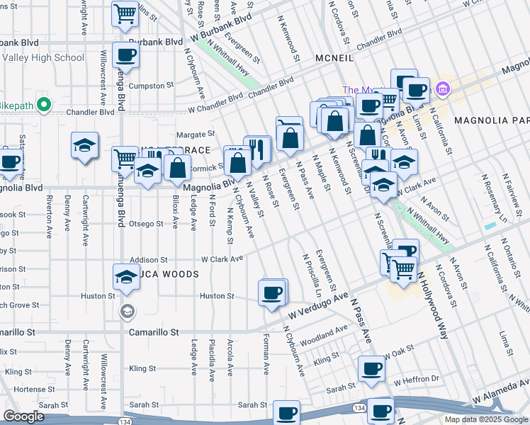 map of restaurants, bars, coffee shops, grocery stores, and more near 848 North Valley Street in Burbank