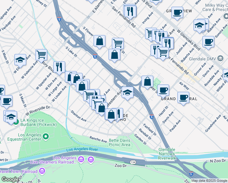 map of restaurants, bars, coffee shops, grocery stores, and more near 435 Raymond Avenue in Glendale