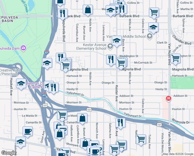 map of restaurants, bars, coffee shops, grocery stores, and more near 15039 Hartsook Street in Los Angeles