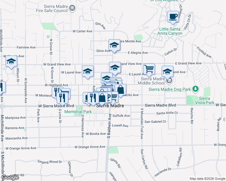 map of restaurants, bars, coffee shops, grocery stores, and more near 94 North Baldwin Avenue in Sierra Madre