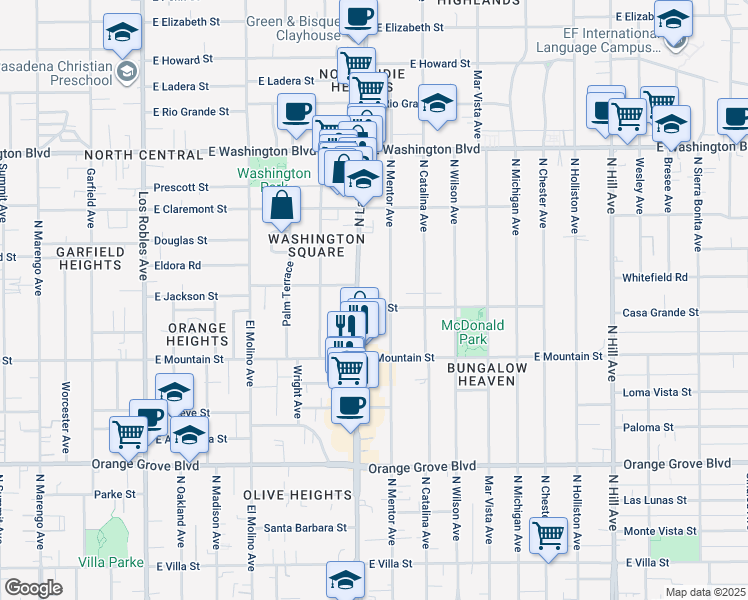 map of restaurants, bars, coffee shops, grocery stores, and more near in Pasadena