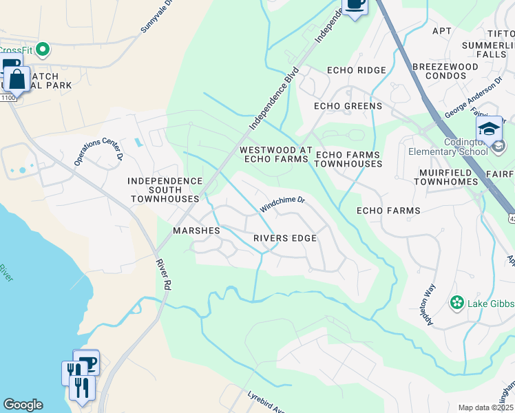 map of restaurants, bars, coffee shops, grocery stores, and more near 249 Windchime Drive in Wilmington