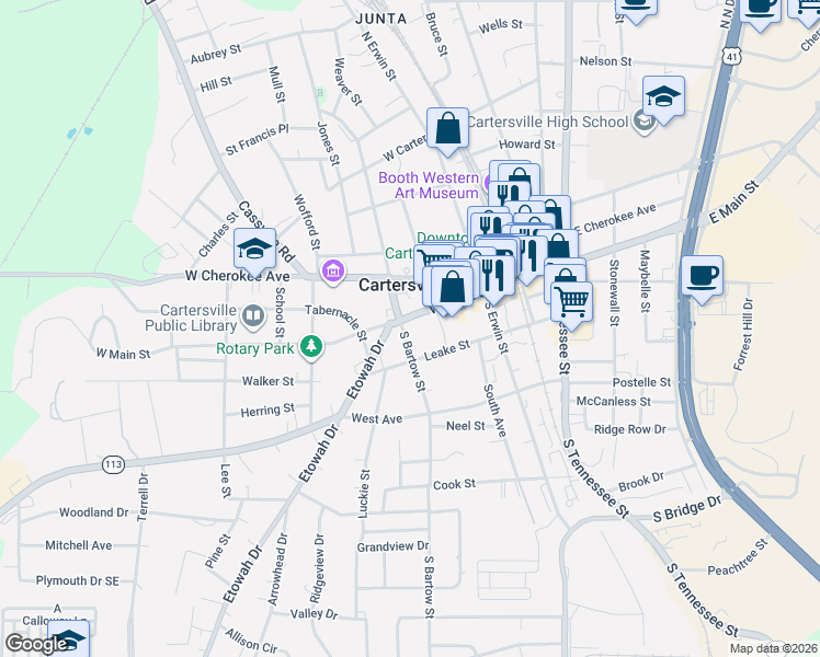 map of restaurants, bars, coffee shops, grocery stores, and more near 178 West Main Street in Cartersville
