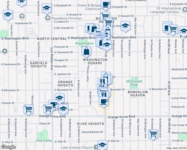 map of restaurants, bars, coffee shops, grocery stores, and more near 1035 North Hudson Avenue in Pasadena