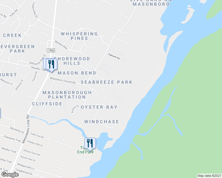 map of restaurants, bars, coffee shops, grocery stores, and more near 351 Seabreeze Boulevard in Wilmington