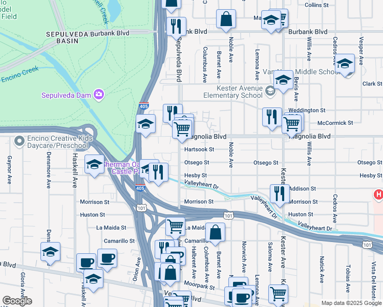 map of restaurants, bars, coffee shops, grocery stores, and more near 15232 Hartsook Street in Los Angeles