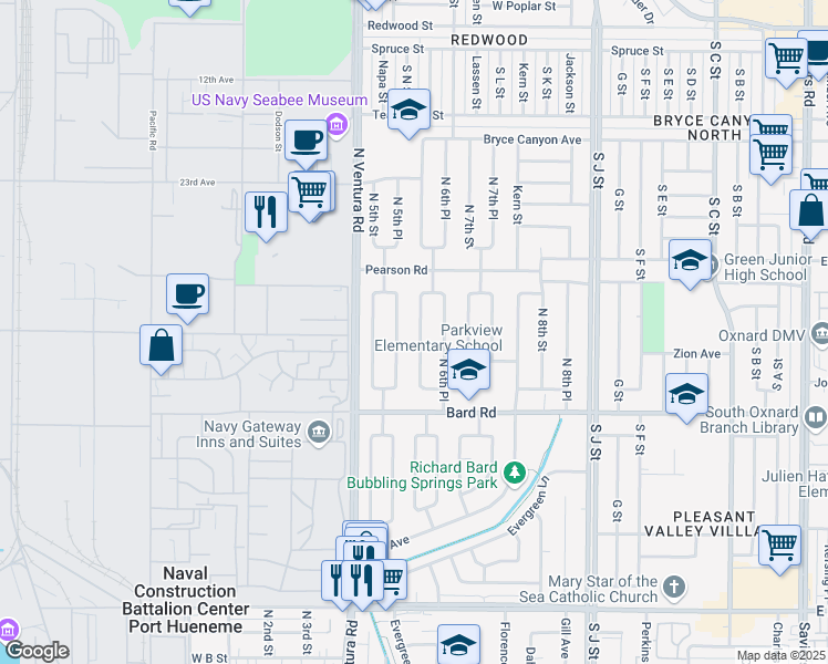 map of restaurants, bars, coffee shops, grocery stores, and more near 1553 North 6th Street in Port Hueneme