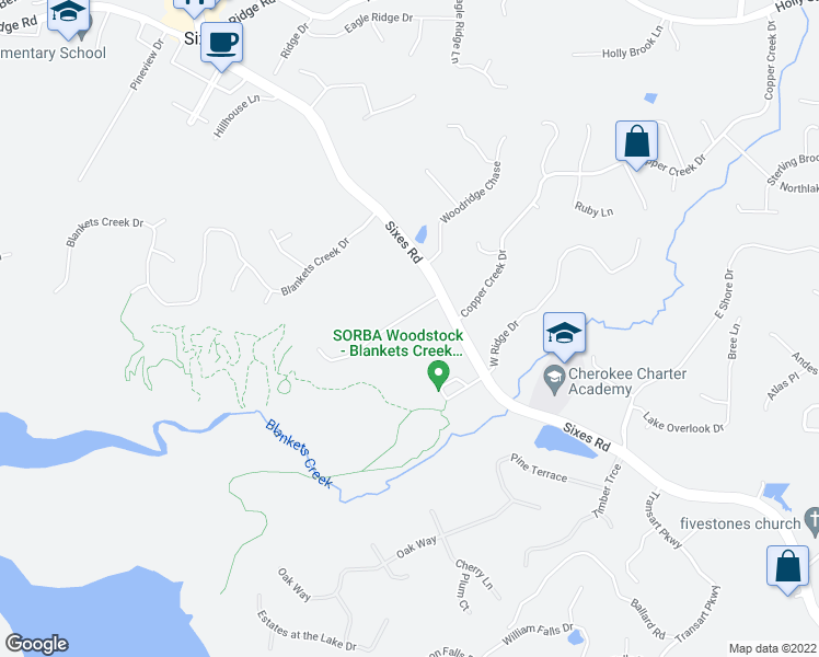 map of restaurants, bars, coffee shops, grocery stores, and more near 187 Sixes Creek Trail in Canton