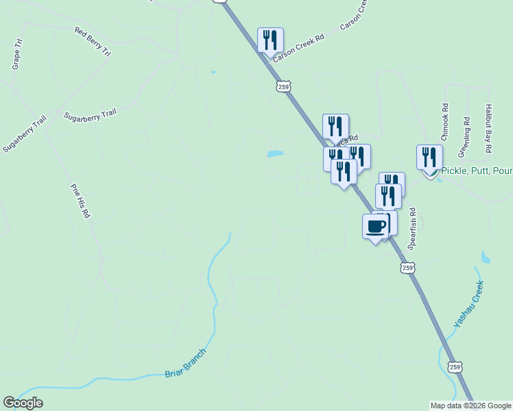 map of restaurants, bars, coffee shops, grocery stores, and more near 383 Pine Meadow Lane in Broken Bow