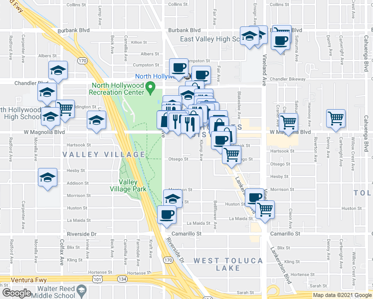 map of restaurants, bars, coffee shops, grocery stores, and more near 5124 Bakman Avenue in Los Angeles