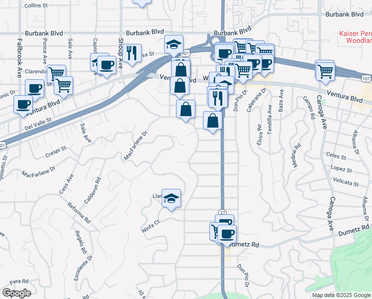 map of restaurants, bars, coffee shops, grocery stores, and more near 22210 Miston Drive in Los Angeles