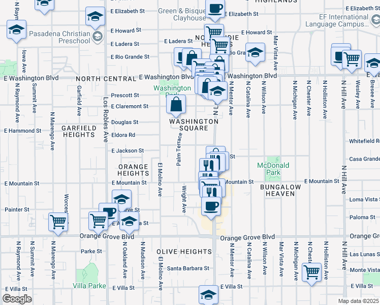 map of restaurants, bars, coffee shops, grocery stores, and more near 1035 North Hudson Avenue in Pasadena