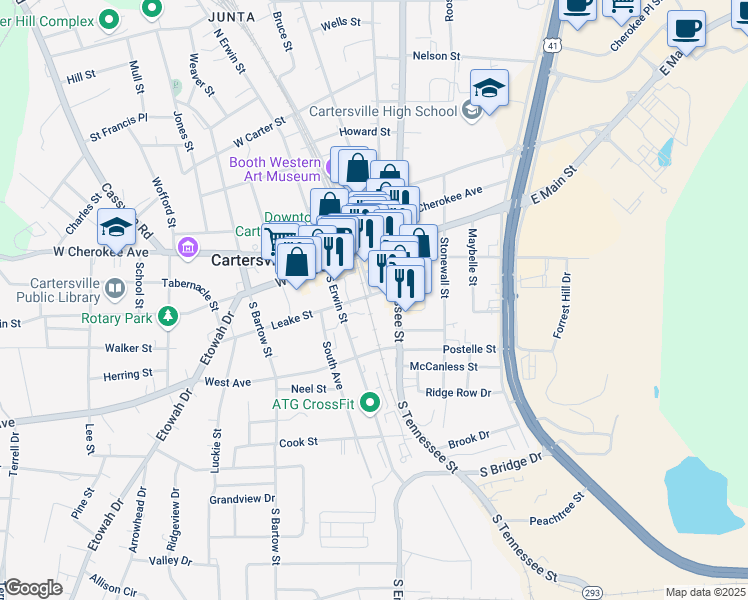 map of restaurants, bars, coffee shops, grocery stores, and more near 3 Leake Street in Cartersville