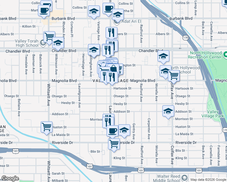 map of restaurants, bars, coffee shops, grocery stores, and more near 5118 Laurel Canyon Boulevard in Los Angeles