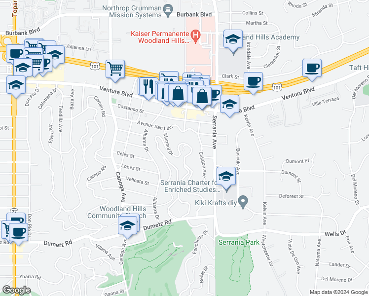 map of restaurants, bars, coffee shops, grocery stores, and more near 5129 Marmol Drive in Los Angeles