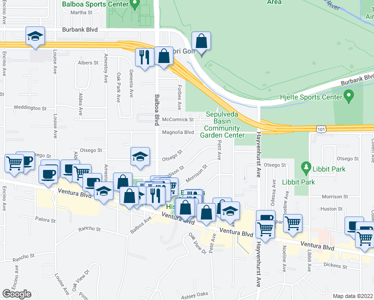 map of restaurants, bars, coffee shops, grocery stores, and more near 16762 Otsego Street in Los Angeles