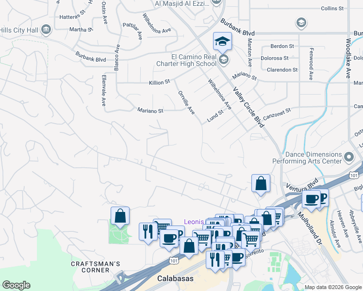 map of restaurants, bars, coffee shops, grocery stores, and more near 5546 Paradise Valley Road in Calabasas