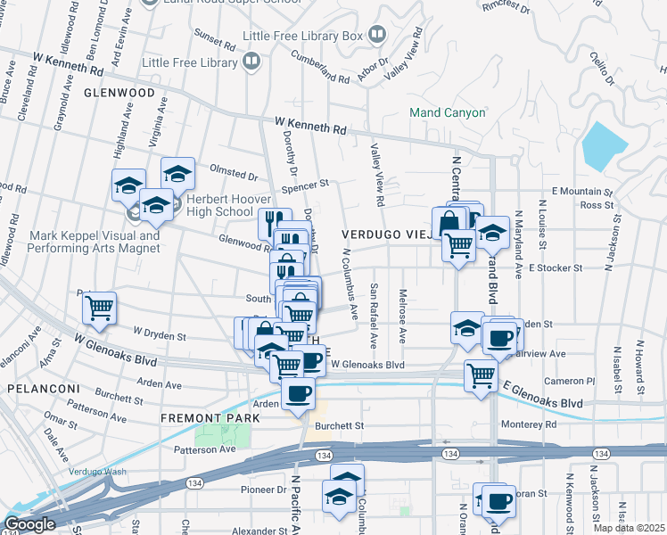 map of restaurants, bars, coffee shops, grocery stores, and more near 415 West Stocker Street in Glendale