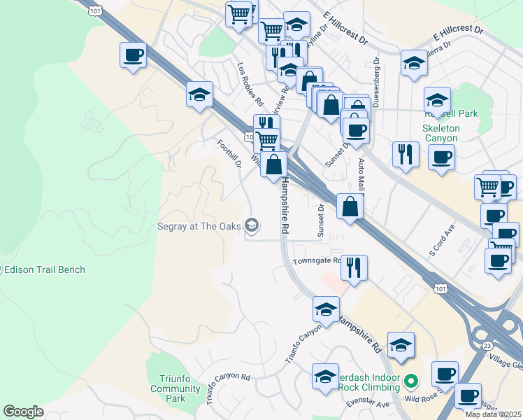 map of restaurants, bars, coffee shops, grocery stores, and more near 325 Hampshire Road in Westlake Village