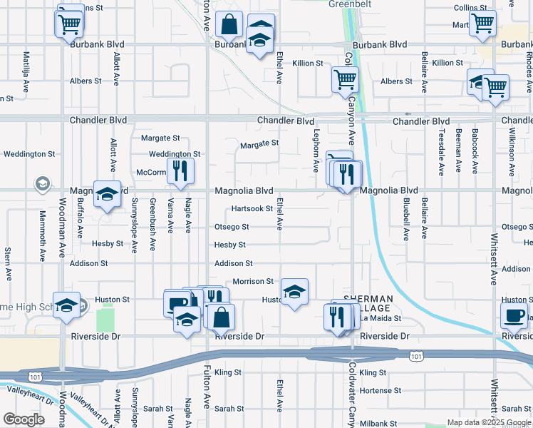 map of restaurants, bars, coffee shops, grocery stores, and more near 13125 Hartsook Street in Los Angeles