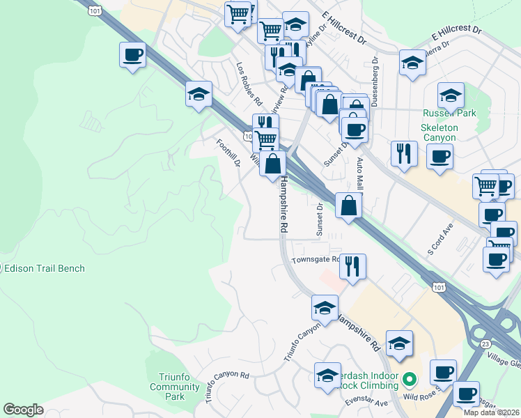 map of restaurants, bars, coffee shops, grocery stores, and more near 325 Hampshire Road in Westlake Village