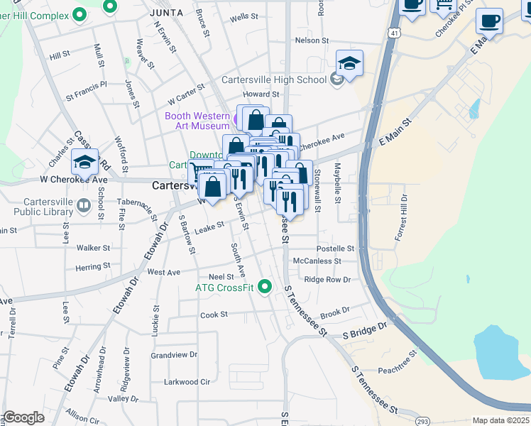 map of restaurants, bars, coffee shops, grocery stores, and more near 6 Leake Street in Cartersville