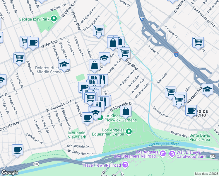 map of restaurants, bars, coffee shops, grocery stores, and more near 420 West Alameda Avenue in Burbank