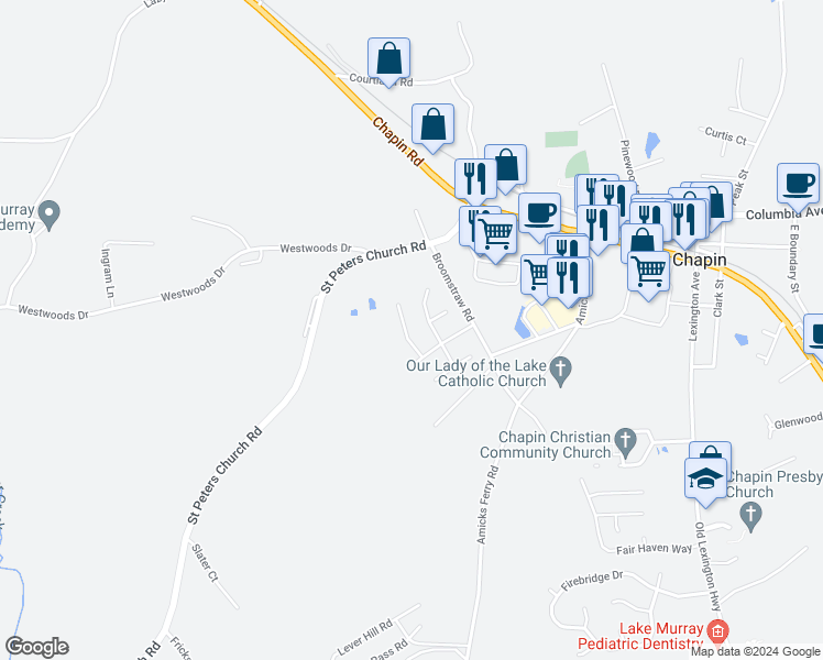 map of restaurants, bars, coffee shops, grocery stores, and more near 112 Tail Feather Way in Chapin
