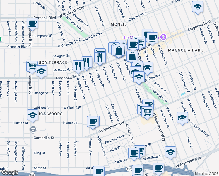 map of restaurants, bars, coffee shops, grocery stores, and more near 833 North Pass Avenue in Burbank