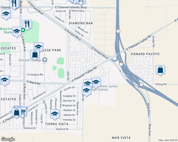 map of restaurants, bars, coffee shops, grocery stores, and more near 1643 Lime Avenue in Oxnard