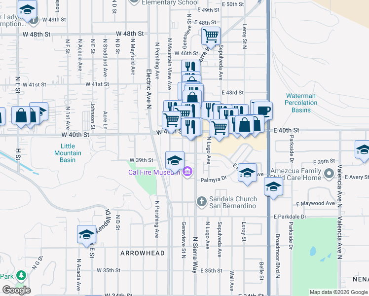 map of restaurants, bars, coffee shops, grocery stores, and more near 3970 Genevieve Street North in San Bernardino